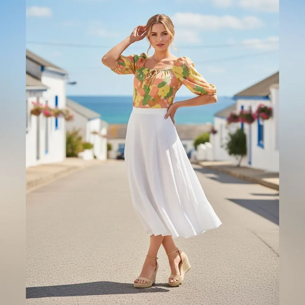 🛍️ SANCTUARY ANTHRO yellow green floral off shoulder cropped top blouse size sm